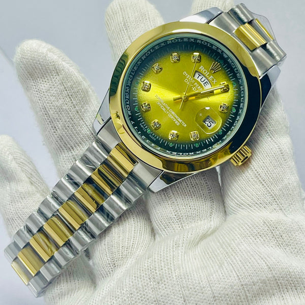 Luxury Rolex Day-Date Gold Dial Men’s Watch – Two-Tone Stainless Steel & Gold Bracelet | Diamond Hour Markers