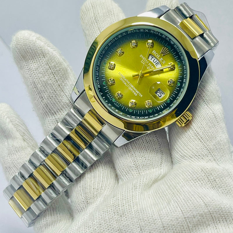 Luxury Rolex Day-Date Gold Dial Men’s Watch – Two-Tone Stainless Steel & Gold Bracelet | Diamond Hour Markers