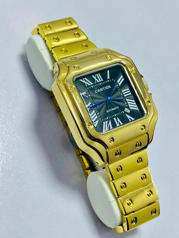 Cartier Santos-Inspired Gold Automatic Watch for Men – Blue Roman Dial, Self-Winding Movement, Full Gold Stainless Steel Bracelet – Luxury Square Case Design