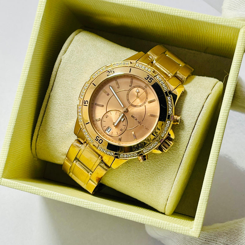 Michael Kors Women’s Chronograph Gold Watches – Brown & Rose Gold Dial | Crystal Bezel | Luxury Designer Dual Pack