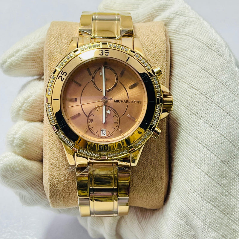 Michael Kors Women’s Chronograph Gold Watches – Brown & Rose Gold Dial | Crystal Bezel | Luxury Designer Dual Pack