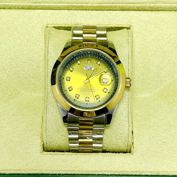 Luxury Rolex Day-Date Gold Dial Men’s Watch – Two-Tone Stainless Steel & Gold Bracelet | Diamond Hour Markers