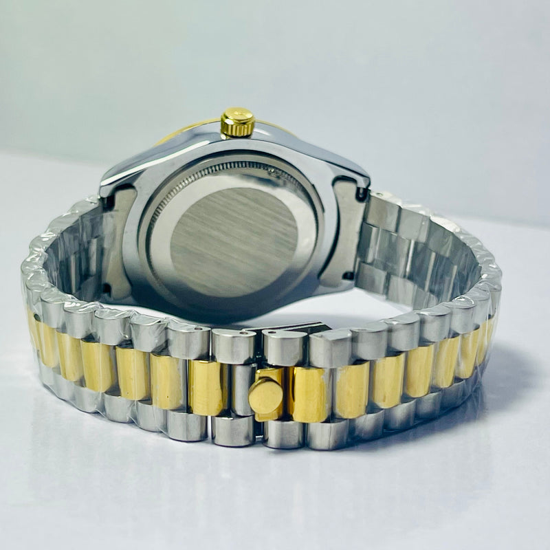 Luxury Rolex Day-Date Gold Dial Men’s Watch – Two-Tone Stainless Steel & Gold Bracelet | Diamond Hour Markers
