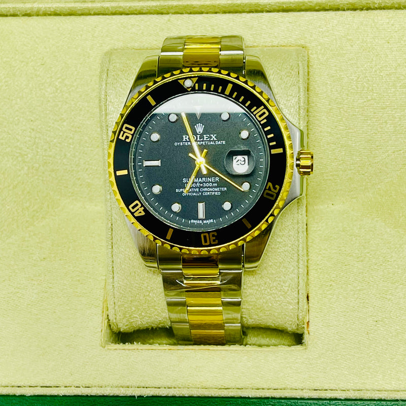 Luxury Rolex Submariner Black Dial Men's Watch – Two-Tone Gold & Silver Bracelet | Oyster Perpetual Date | Waterproof Resistance | Quartz Movement