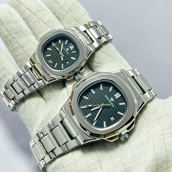 Limited Edition BLACK Dial Couple Watch – Silver Bracelet _Mineral Glass _Superlative Finish