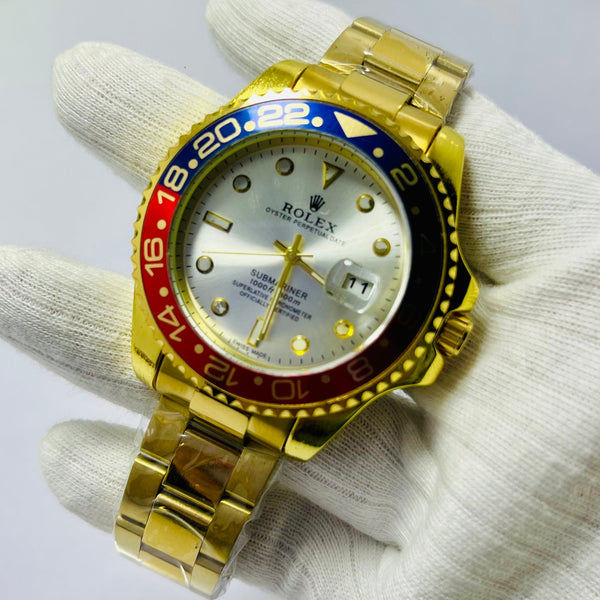 Luxury Rolex Submariner White Dial Men's Watch – Golden Bracelet | Oyster Perpetual Date | Water Resistance | Quartz Movement