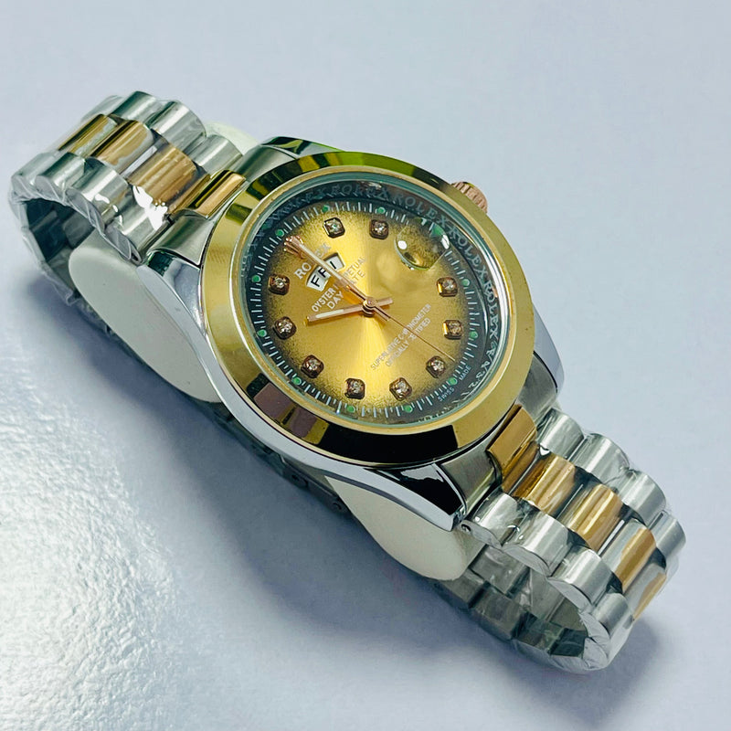 Luxury Rolex Day-Date Gold Dial Men’s Watch – Two-Tone Stainless Steel & Gold Bracelet | Diamond Hour Markers