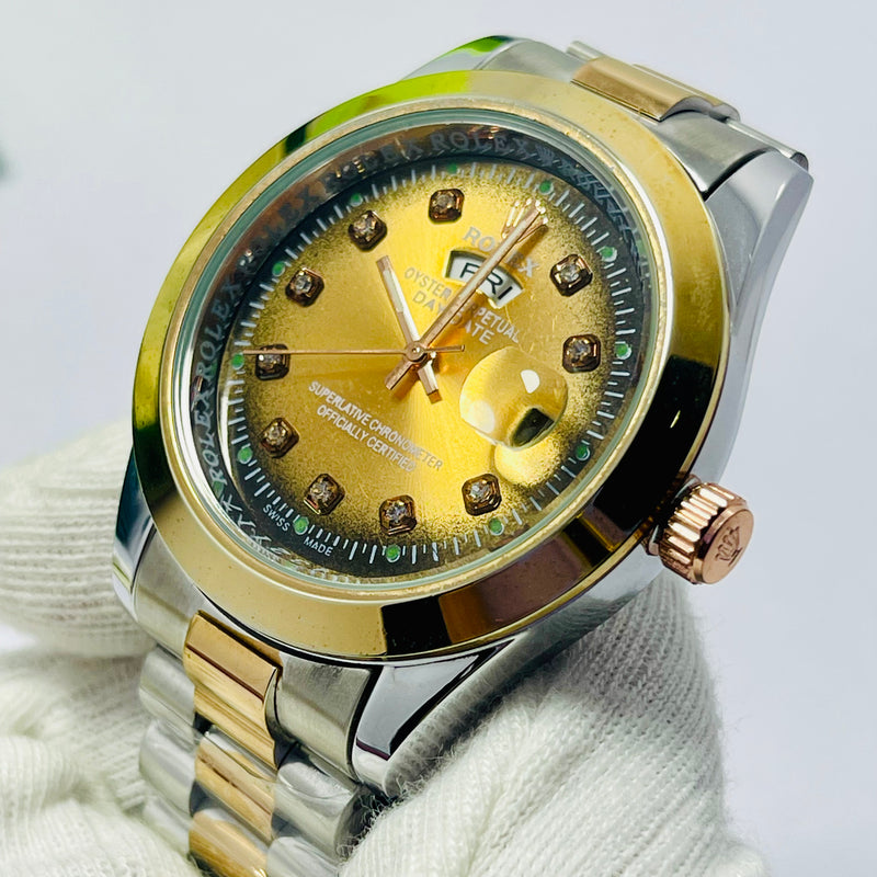 Luxury Rolex Day-Date Gold Dial Men’s Watch – Two-Tone Stainless Steel & Gold Bracelet | Diamond Hour Markers