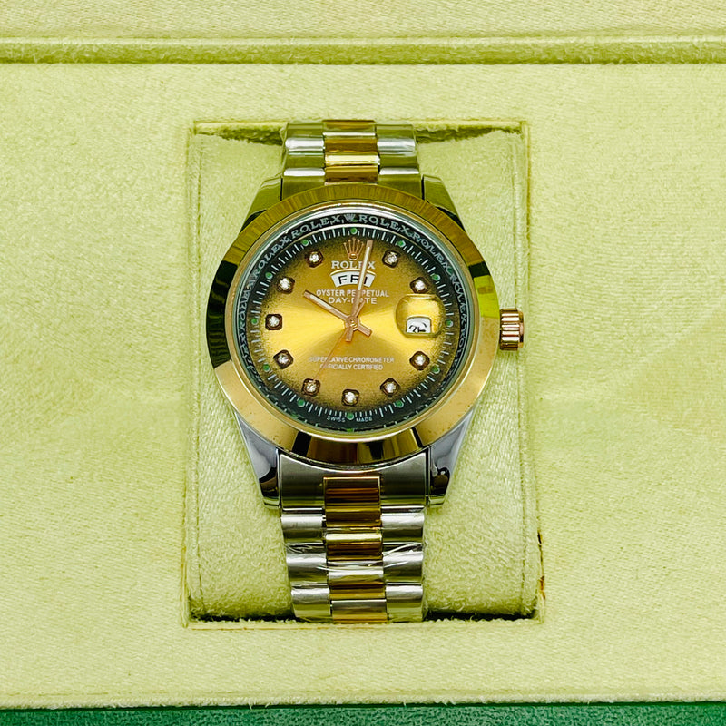 Luxury Rolex Day-Date Gold Dial Men’s Watch – Two-Tone Stainless Steel & Gold Bracelet | Diamond Hour Markers