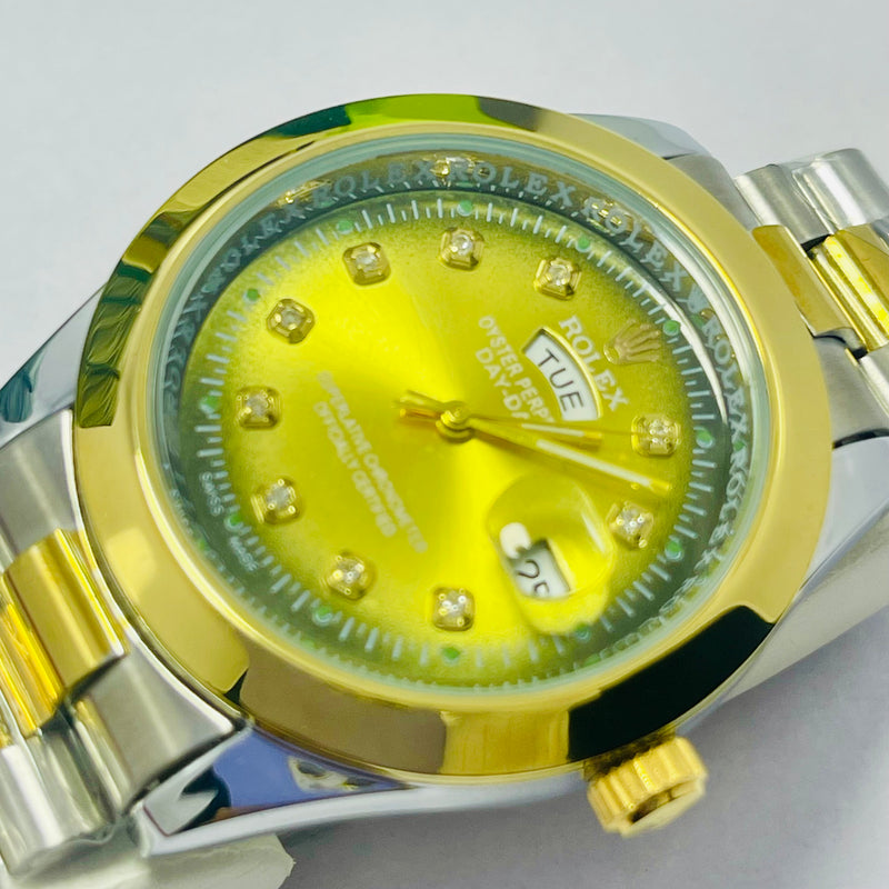 Luxury Rolex Day-Date Gold Dial Men’s Watch – Two-Tone Stainless Steel & Gold Bracelet | Diamond Hour Markers
