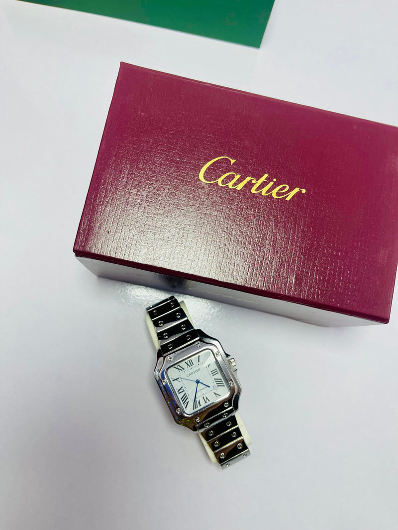 Cartier Santos-Inspired Automatic Watch for Men – Roman Dial, Square Stainless Steel Case, Polished Bracelet with Screw Detailing – Classic Luxury Desig