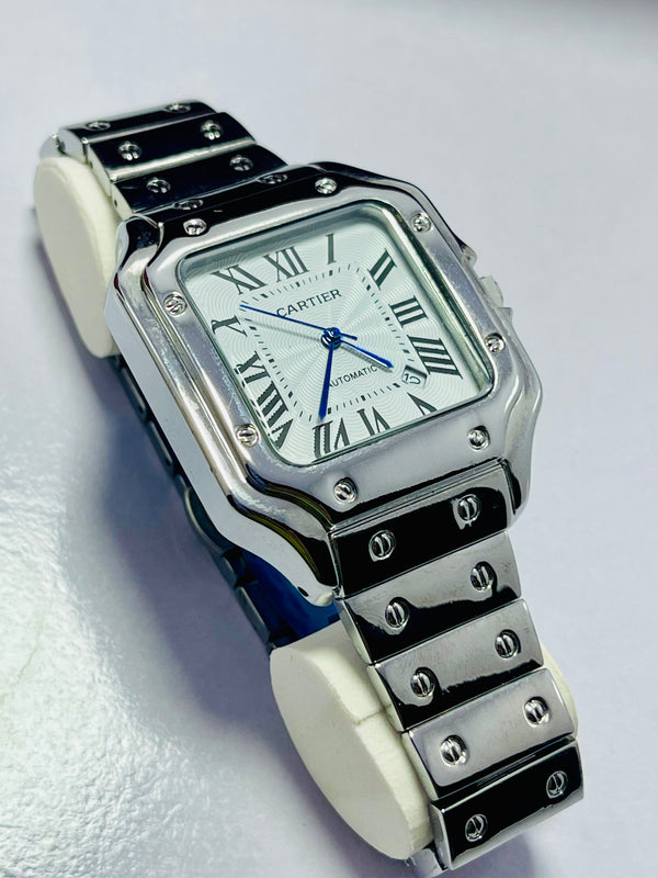 Cartier Santos-Inspired Automatic Watch for Men – Roman Dial, Square Stainless Steel Case, Polished Bracelet with Screw Detailing – Classic Luxury Desig