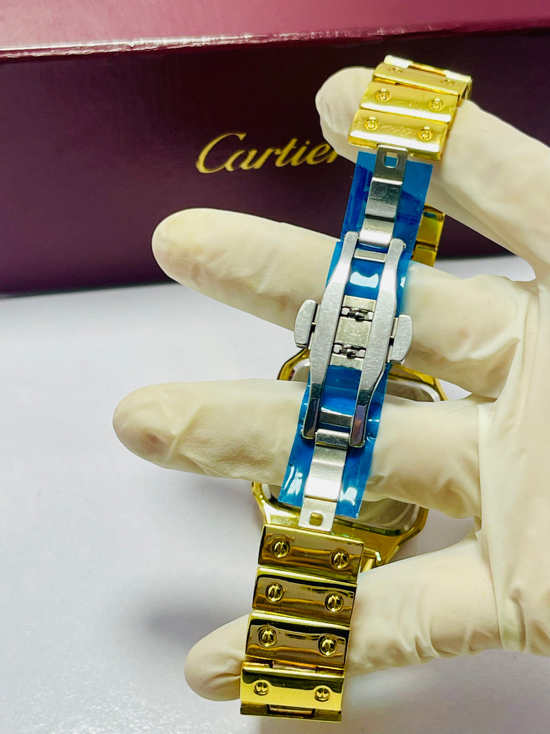Cartier Santos-Inspired Gold Automatic Watch for Men – Blue Roman Dial, Self-Winding Movement, Full Gold Stainless Steel Bracelet – Luxury Square Case Design