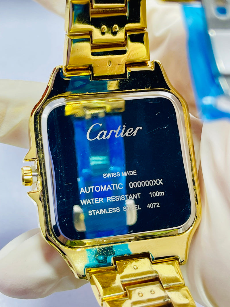 Cartier Santos-Inspired Gold Automatic Watch for Men – Blue Roman Dial, Self-Winding Movement, Full Gold Stainless Steel Bracelet – Luxury Square Case Design