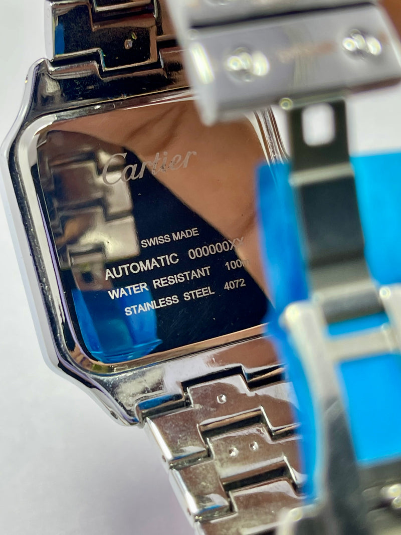 Cartier Santos-Inspired Automatic Watch for Men – Roman Dial, Square Stainless Steel Case, Polished Bracelet with Screw Detailing – Classic Luxury Desig