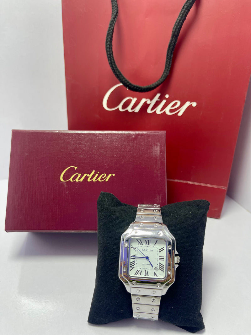 Cartier Santos-Inspired Automatic Watch for Men – Roman Dial, Square Stainless Steel Case, Polished Bracelet with Screw Detailing – Classic Luxury Desig