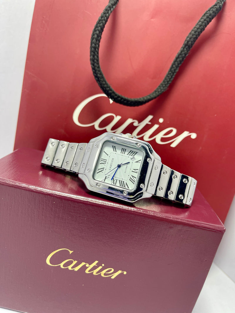Cartier Santos-Inspired Automatic Watch for Men – Roman Dial, Square Stainless Steel Case, Polished Bracelet with Screw Detailing – Classic Luxury Desig