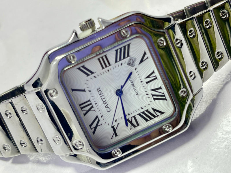Cartier Santos-Inspired Automatic Watch for Men – Roman Dial, Square Stainless Steel Case, Polished Bracelet with Screw Detailing – Classic Luxury Desig