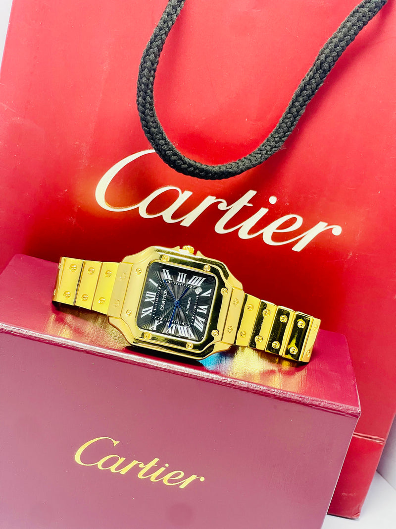 Cartier Santos-Inspired Gold Automatic Watch for Men – Blue Roman Dial, Self-Winding Movement, Full Gold Stainless Steel Bracelet – Luxury Square Case Design