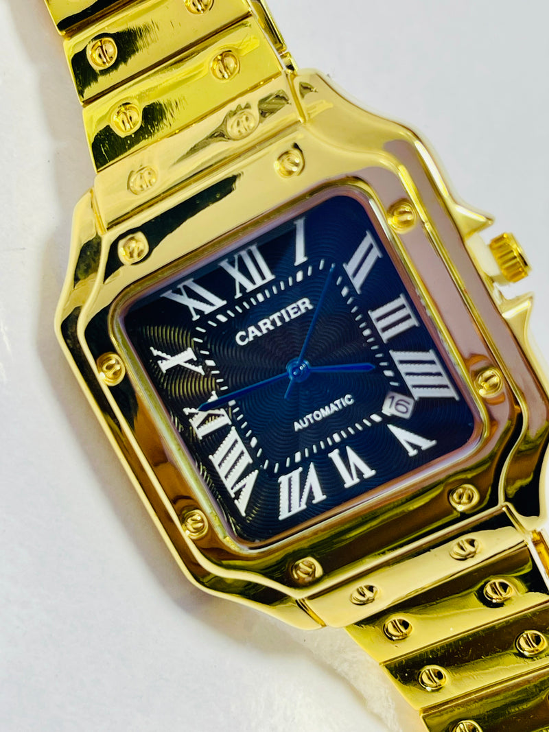 Cartier Santos-Inspired Gold Automatic Watch for Men – Blue Roman Dial, Self-Winding Movement, Full Gold Stainless Steel Bracelet – Luxury Square Case Design