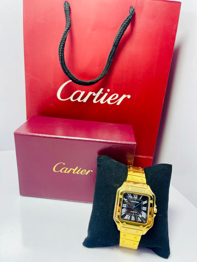 Cartier Santos-Inspired Gold Automatic Watch for Men – Blue Roman Dial, Self-Winding Movement, Full Gold Stainless Steel Bracelet – Luxury Square Case Design