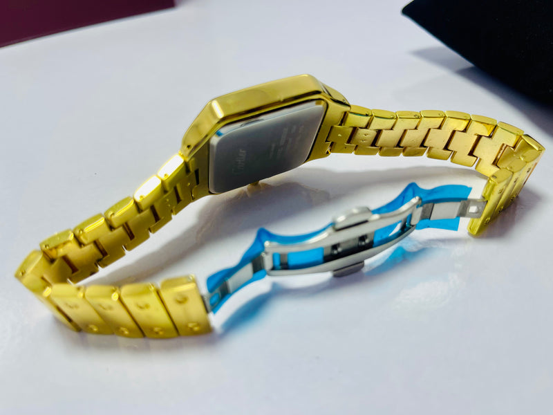 Cartier Santos-Inspired Gold Automatic Watch for Men – Blue Roman Dial, Self-Winding Movement, Full Gold Stainless Steel Bracelet – Luxury Square Case Design