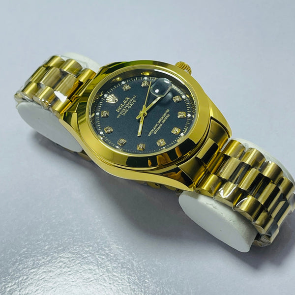Luxury Gold Rolex Day-Date Automatic Watch for Men – Black Dial with Diamond Hour Markers