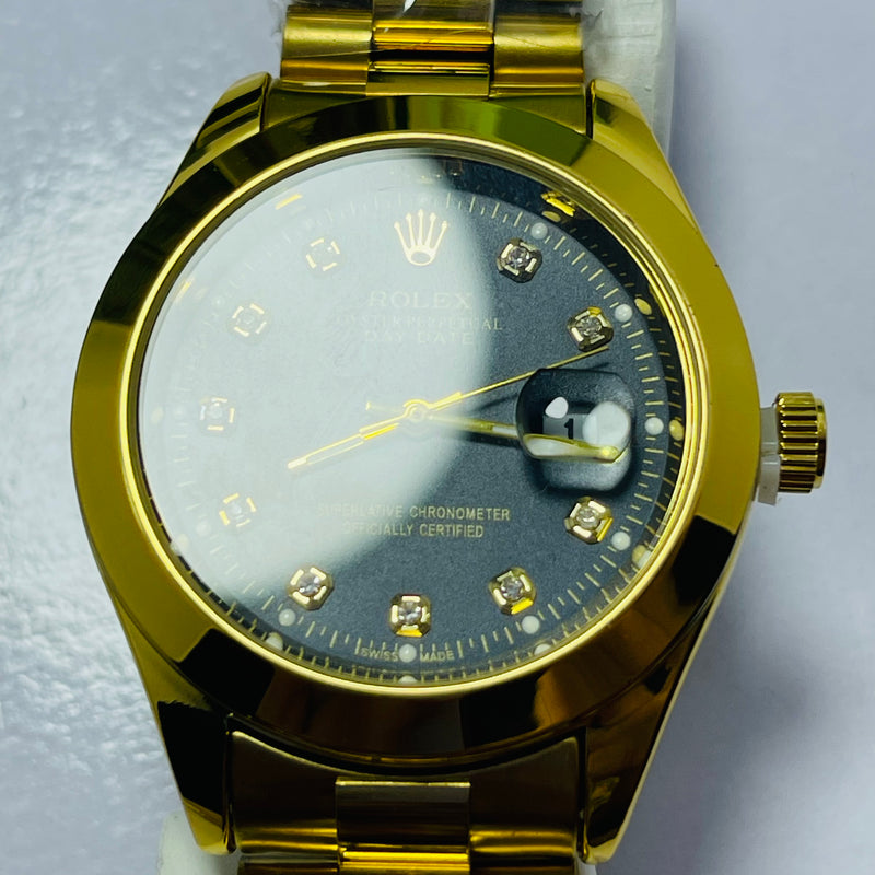 Luxury Gold Rolex Day-Date Automatic Watch for Men – Black Dial with Diamond Hour Markers