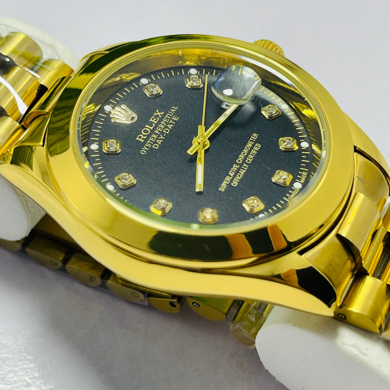 Luxury Gold Rolex Day-Date Automatic Watch for Men – Black Dial with Diamond Hour Markers