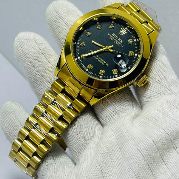 Luxury Gold Rolex Day-Date Automatic Watch for Men – Black Dial with Diamond Hour Markers