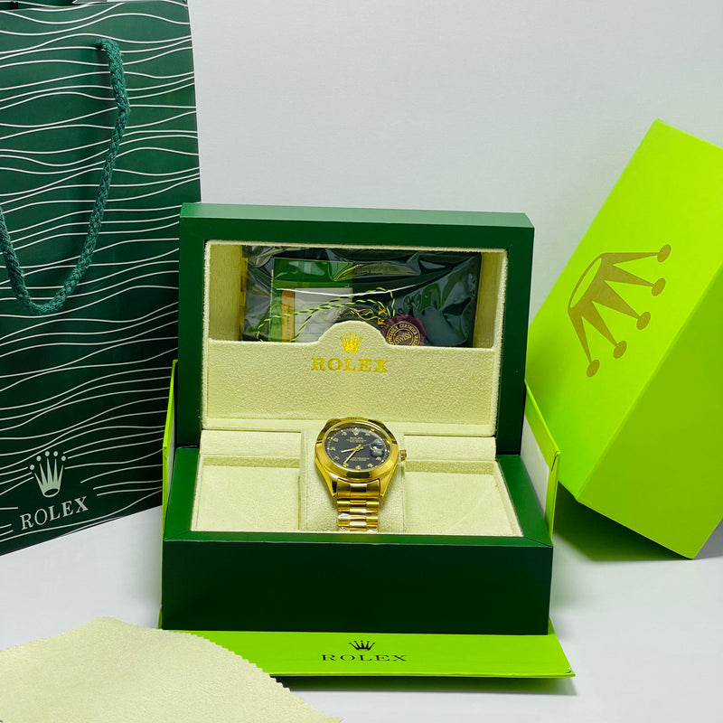 Luxury Gold Rolex Day-Date Automatic Watch for Men – Black Dial with Diamond Hour Markers