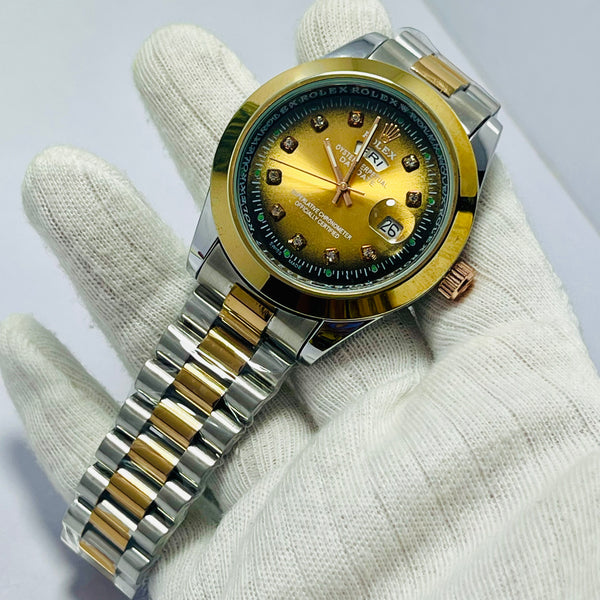Luxury Rolex Day-Date Gold Dial Men’s Watch – Two-Tone Stainless Steel & Gold Bracelet | Diamond Hour Markers