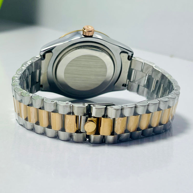 Luxury Rolex Day-Date Gold Dial Men’s Watch – Two-Tone Stainless Steel & Gold Bracelet | Diamond Hour Markers