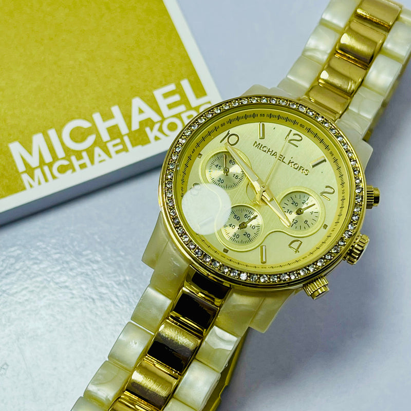 Michael Kors Women’s Chrono Print watch – Gold Dial with Crystal Bezel, Ceramic Link Bracelet – Luxury Designer Timepiece