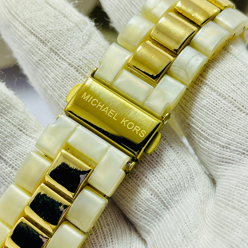 Michael Kors Women’s Chrono Print watch – Gold Dial with Crystal Bezel, Ceramic Link Bracelet – Luxury Designer Timepiece