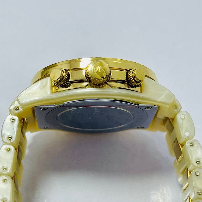 Michael Kors Women’s Chrono Print watch – Gold Dial with Crystal Bezel, Ceramic Link Bracelet – Luxury Designer Timepiece