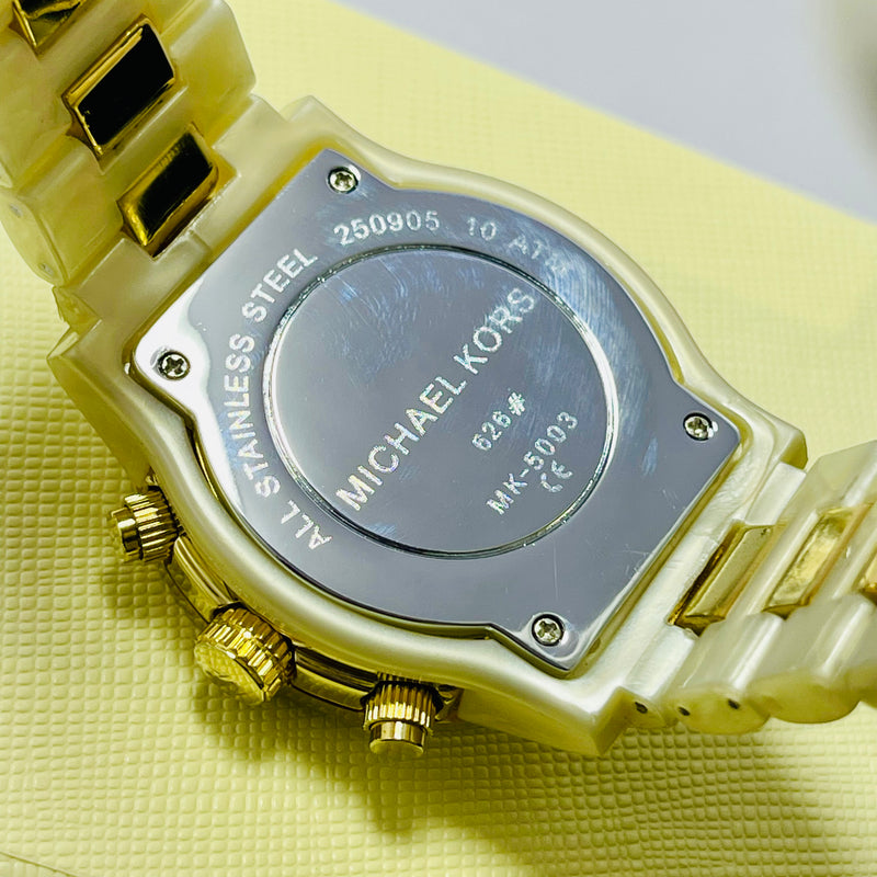 Michael Kors Women’s Chrono Print watch – Gold Dial with Crystal Bezel, Ceramic Link Bracelet – Luxury Designer Timepiece