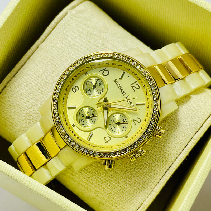 Michael Kors Women’s Chrono Print watch – Gold Dial with Crystal Bezel, Ceramic Link Bracelet – Luxury Designer Timepiece