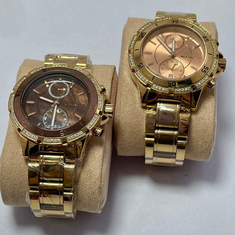 Michael Kors Women’s Chronograph Gold Watches – Brown & Rose Gold Dial | Crystal Bezel | Luxury Designer Dual Pack