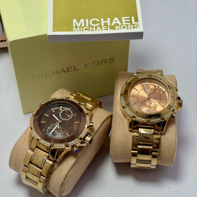 Michael Kors Women’s Chronograph Gold Watches – Brown & Rose Gold Dial | Crystal Bezel | Luxury Designer Dual Pack