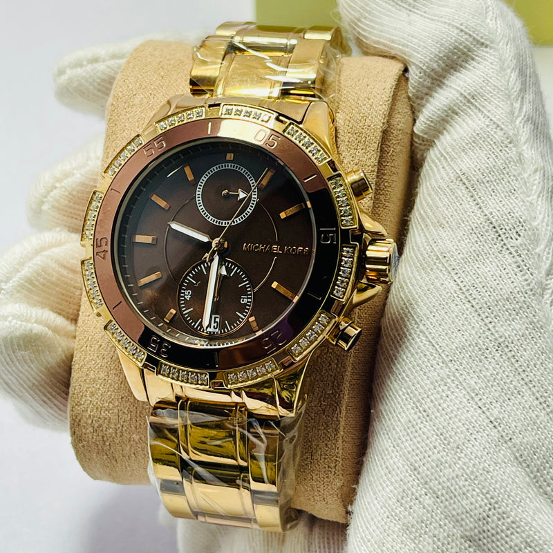 Michael Kors Women’s Chronograph Gold Watches – Brown & Rose Gold Dial | Crystal Bezel | Luxury Designer Dual Pack