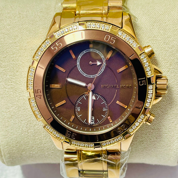 Michael Kors Women’s Chronograph Gold Watches – Brown & Rose Gold Dial | Crystal Bezel | Luxury Designer Dual Pack