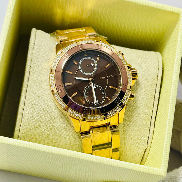 Michael Kors Women’s Chronograph Gold Watches – Brown & Rose Gold Dial | Crystal Bezel | Luxury Designer Dual Pack