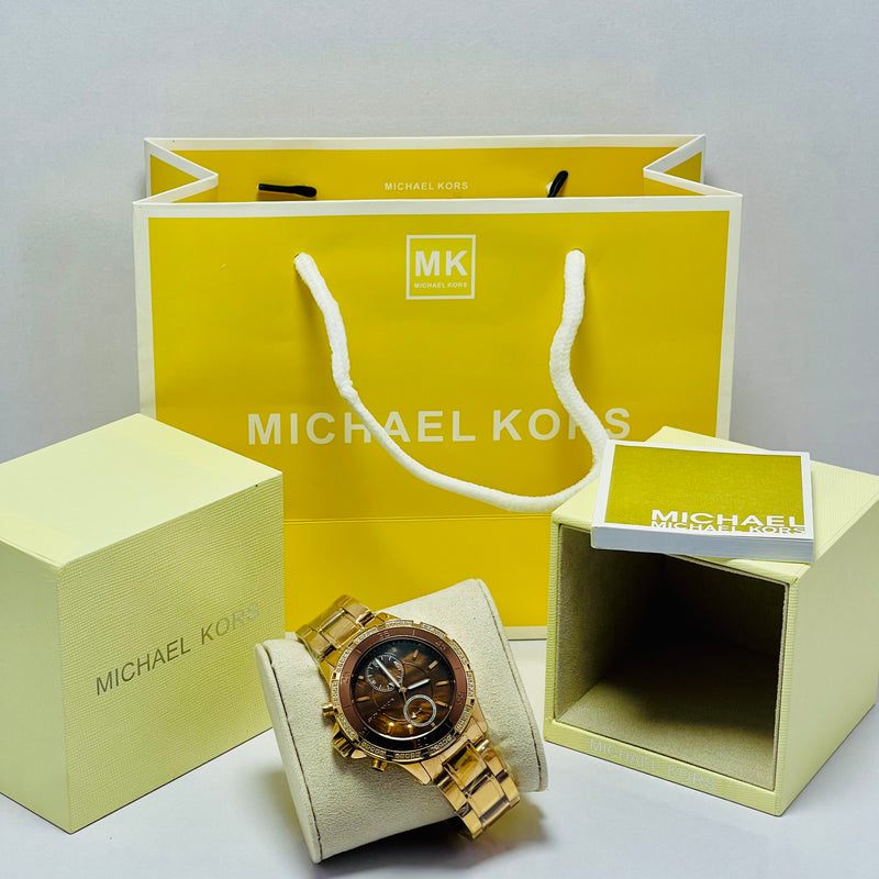 Michael Kors Women’s Chronograph Gold Watches – Brown & Rose Gold Dial | Crystal Bezel | Luxury Designer Dual Pack