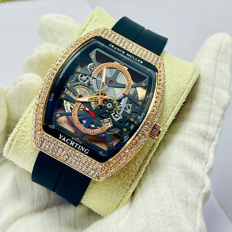 Luxury Franck Muller Yachting-Inspired Skeleton Watch for Men – Automatic Mechanical Movement, Diamond Bezel, Black Rubber Strap