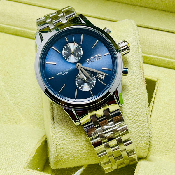 BOSS Men’s Chronograph Watch – Blue Dial with Silver Subdials, Date Display, 8 ATM Water Resistance, Stainless Steel Bracelet – Stylish & Functional Timepiece