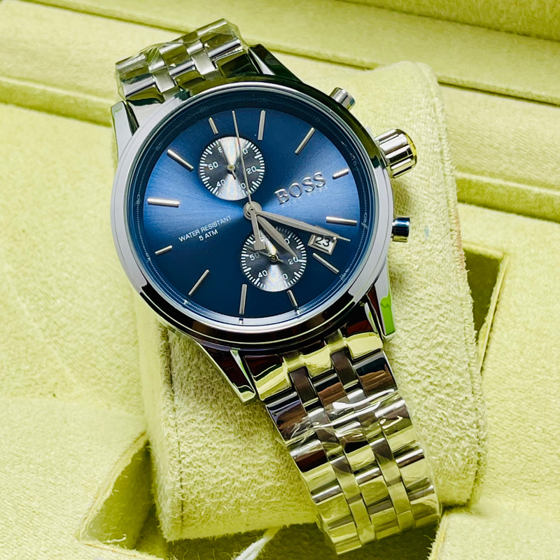 BOSS Men’s Chronograph Watch – Blue Dial with Silver Subdials, Date Display, 8 ATM Water Resistance, Stainless Steel Bracelet – Stylish & Functional Timepiece