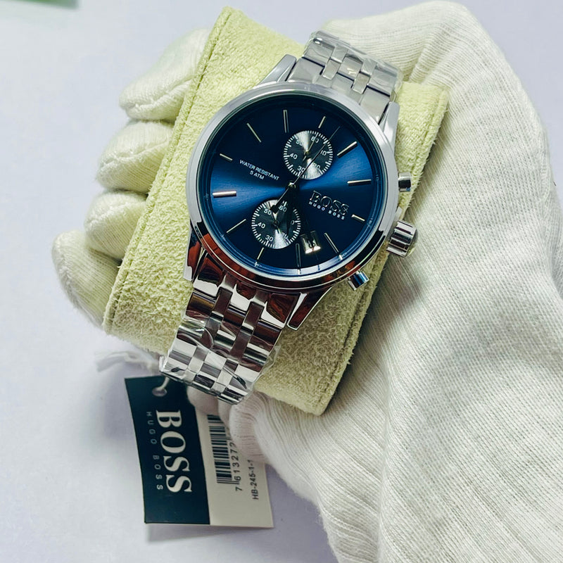 BOSS Men’s Chronograph Watch – Blue Dial with Silver Subdials, Date Display, 8 ATM Water Resistance, Stainless Steel Bracelet – Stylish & Functional Timepiece