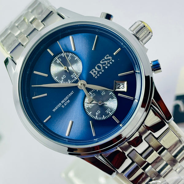 BOSS Men’s Chronograph Watch – Blue Dial with Silver Subdials, Date Display, 8 ATM Water Resistance, Stainless Steel Bracelet – Stylish & Functional Timepiece