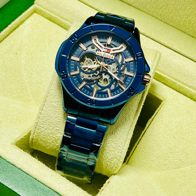 Luxury Blue Skeleton Automatic Watch for Men – Hilfiger-Inspired Self-Winding Timepiece with Rose Gold Accents